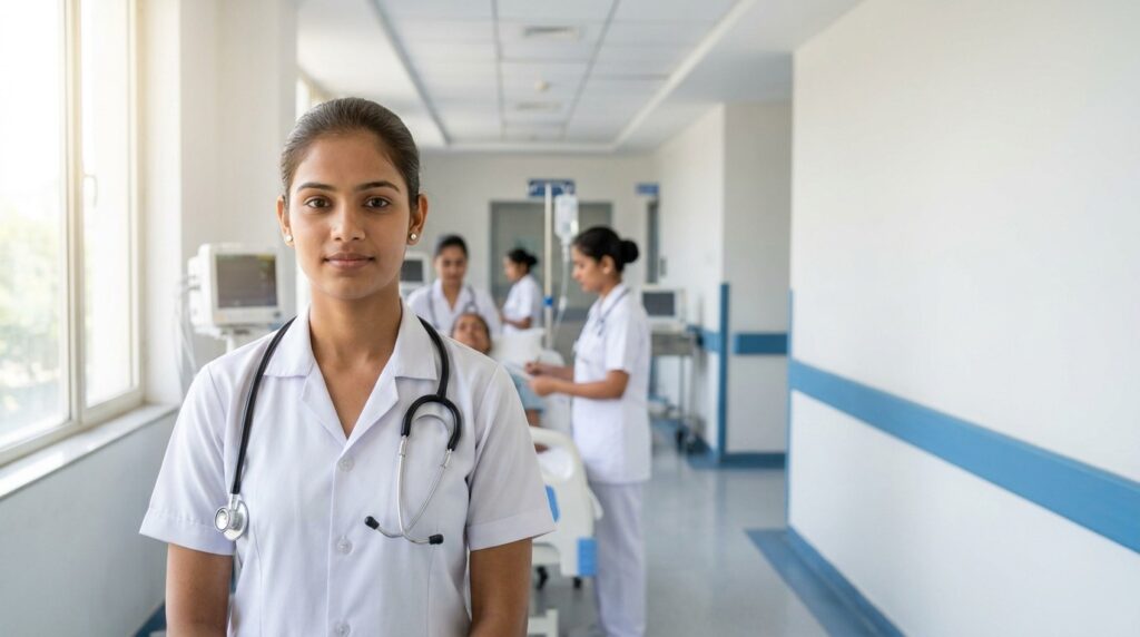 Young ANM Nursing student standing confidently in a hospital corridor during clinical training, with nursing staff providing patient care in the background, representing career opportunities and healthcare jobs after 12th. 