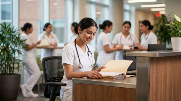 A qualified Punjabi staff nurse working at a hospital nursing station, representing career opportunities after completing BSc Nursing in Punjab