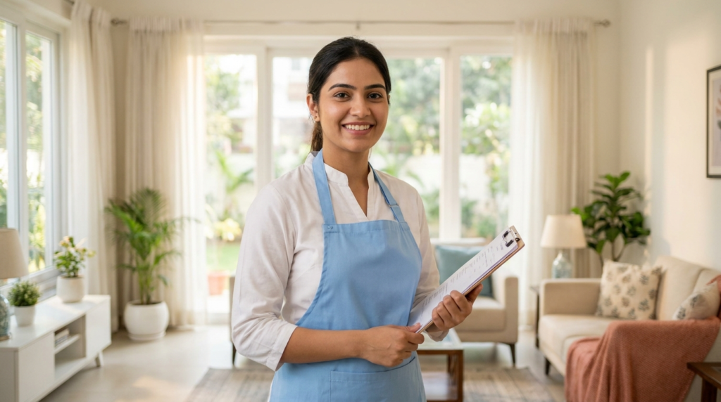 Certified Home Based Care Helper in white uniform and blue apron holding a patient care clipboard at a home in Mohali 