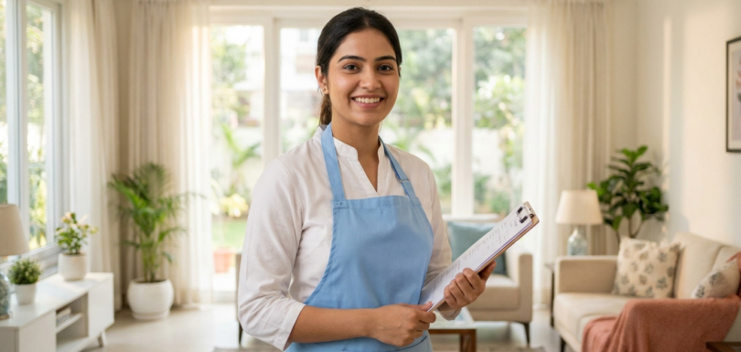 Certified Home Based Care Helper in white uniform and blue apron holding a patient care clipboard at a home in Mohali