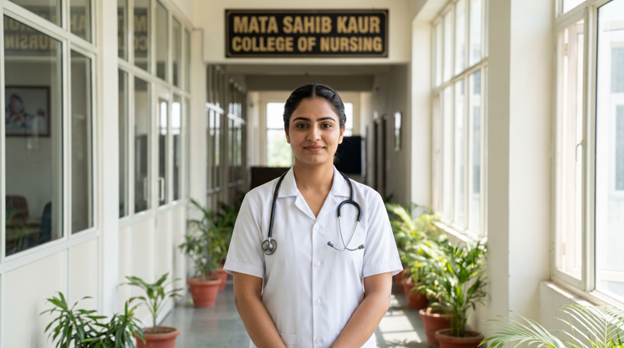 A Punjabi nursing student in uniform standing in a hospital corridor, representing the choice between government and private nursing colleges in Punjab