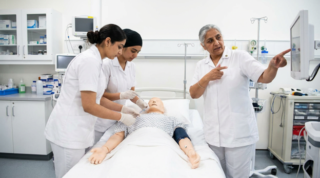 Nursing students practicing a clinical procedure in a simulation lab under female faculty supervision, illustrating hands-on training quality in a BSc Nursing program