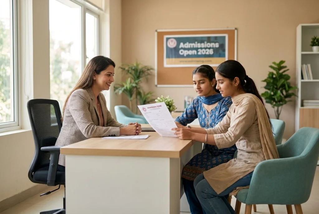 Prospective nursing students completing admission formalities at Mata Sahib Kaur College of Nursing campus in Mohali