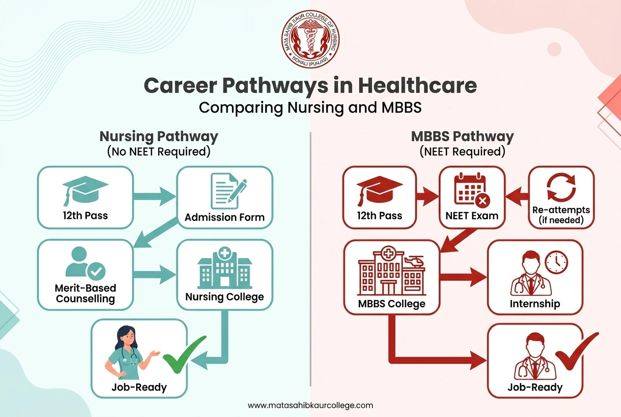 Infographic comparing the no-NEET nursing pathway (ANM, GNM, BSc Nursing) with the NEET-based MBBS pathway for healthcare careers
