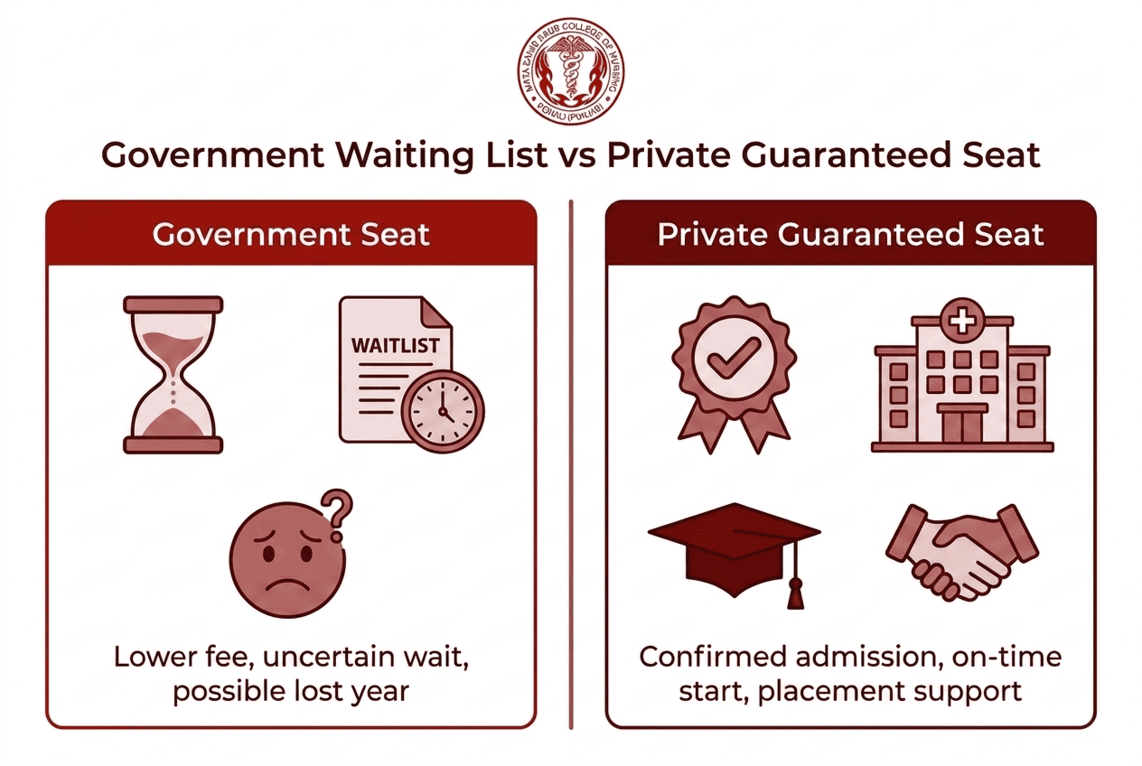 Infographic comparing government nursing college waiting list versus private guaranteed seat admission at Mata Sahib Kaur College of Nursing