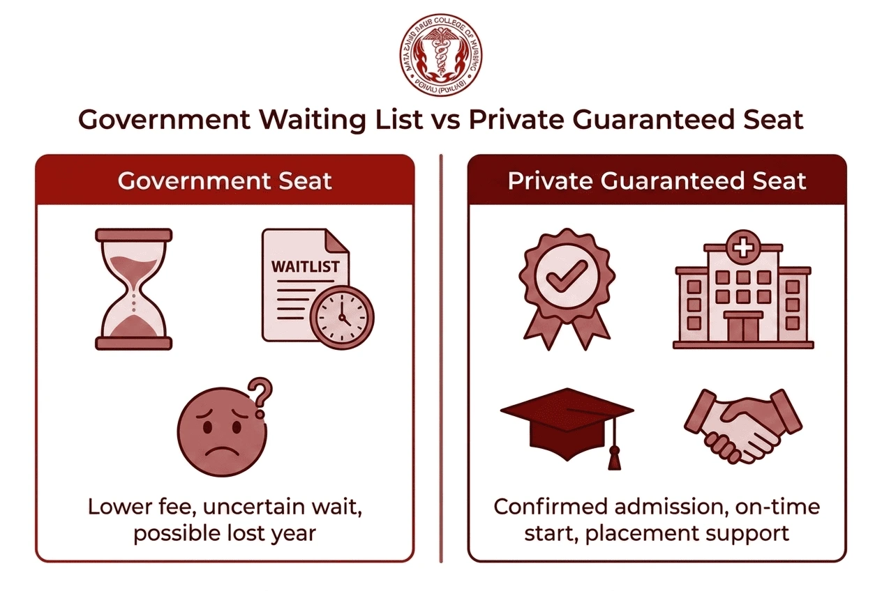 Infographic comparing government nursing college waiting list versus private guaranteed seat admission at Mata Sahib Kaur College of Nursing