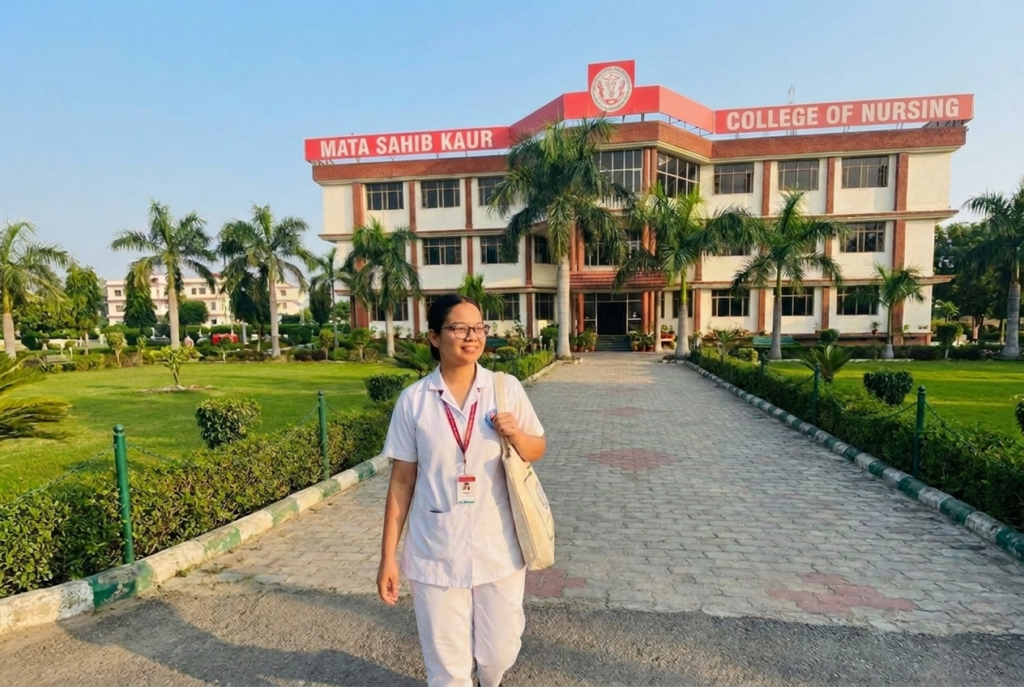 Nursing student standing outside Mata Sahib Kaur College of Nursing campus building in Mohali