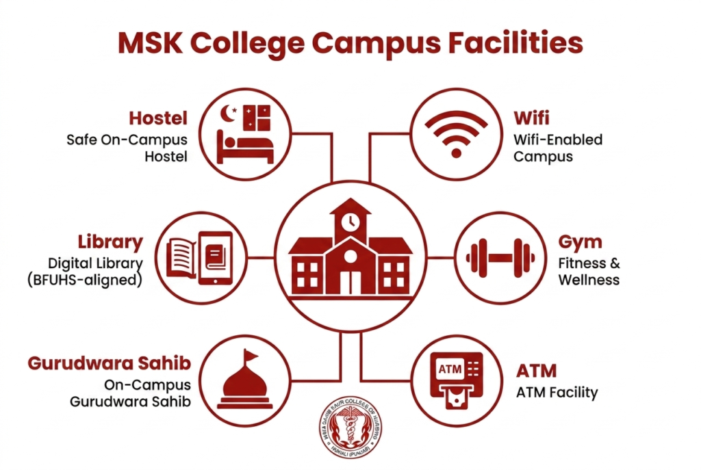 Infographic showing MSK College campus facilities: hostel, wifi, digital library, gym, Gurudwara Sahib and ATM