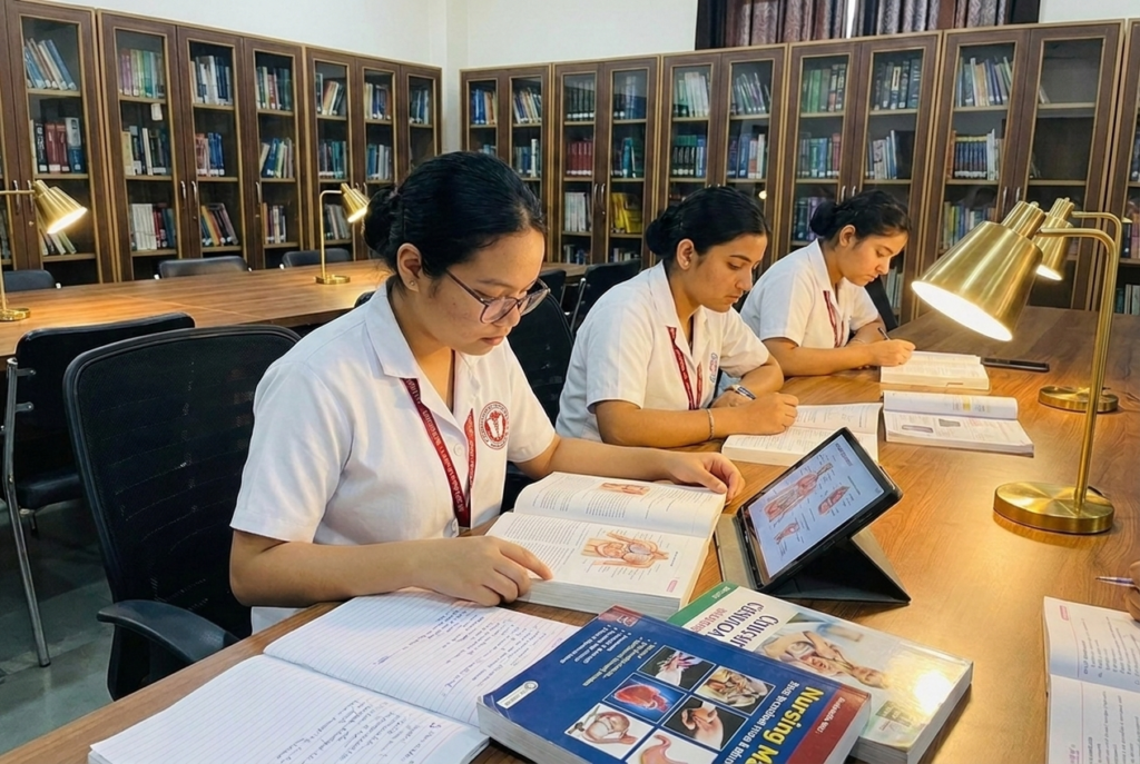 Nursing students studying in MSK College digital library aligned with BFUHS curriculum