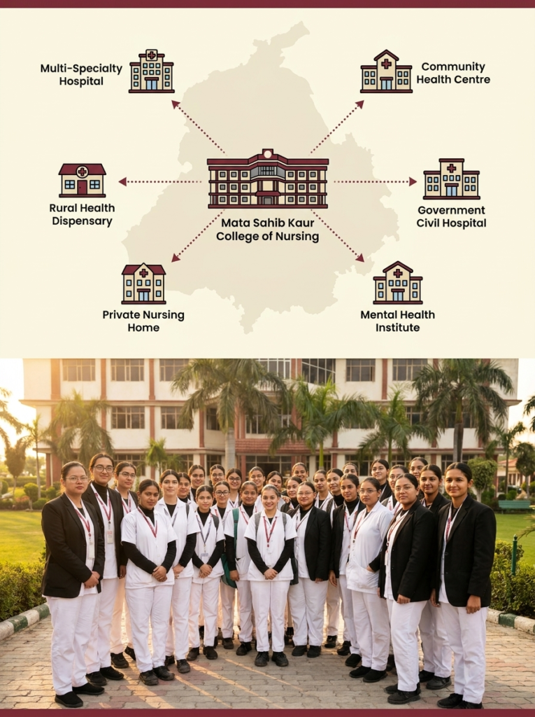 MSK College of Nursing hospital tie-ups map showing multi-specialty hospital, community health centre, government civil hospital, rural dispensary, private nursing home and mental health institute partnerships in Punjab