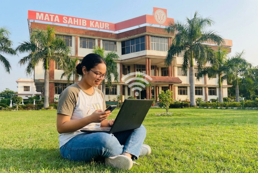 Nursing student using laptop on wifi-enabled MSK College campus, Mohali