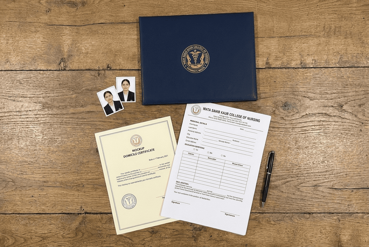 Nursing admission documents flat lay with domicile certificate, passport photos, and MSK College application form