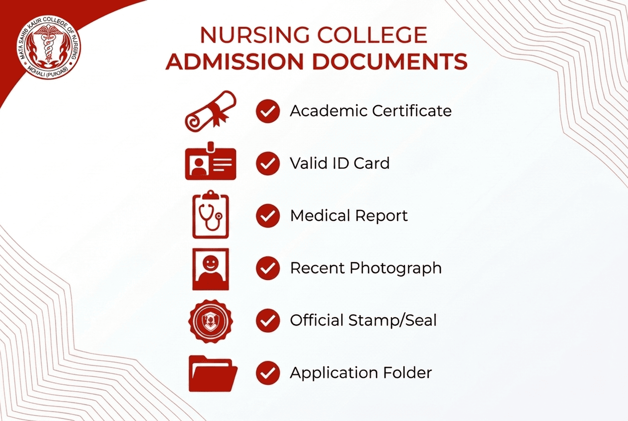Infographic listing nursing college admission documents: academic certificate, ID card, medical report, photograph, seal, and application folder
