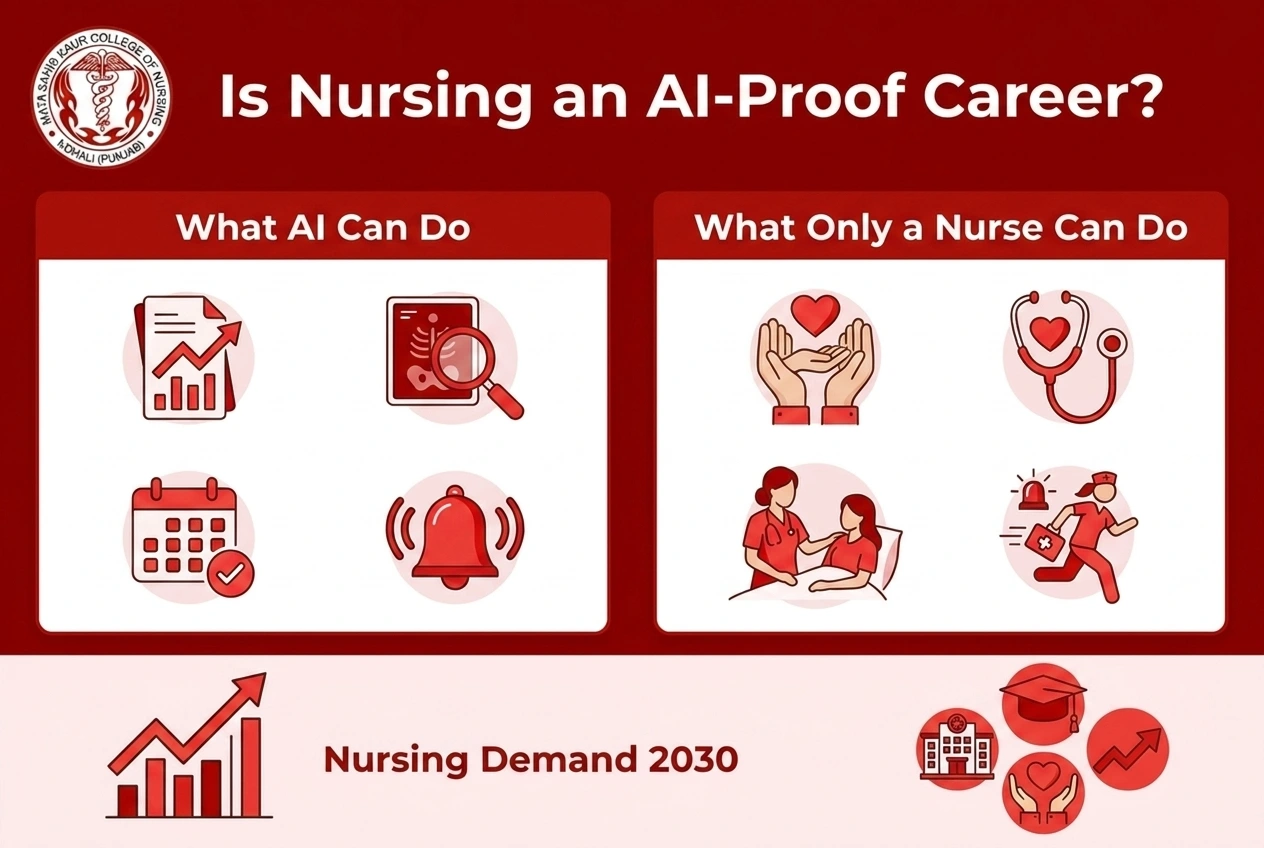 Infographic comparing what AI can do vs. what only nurses can do in healthcare