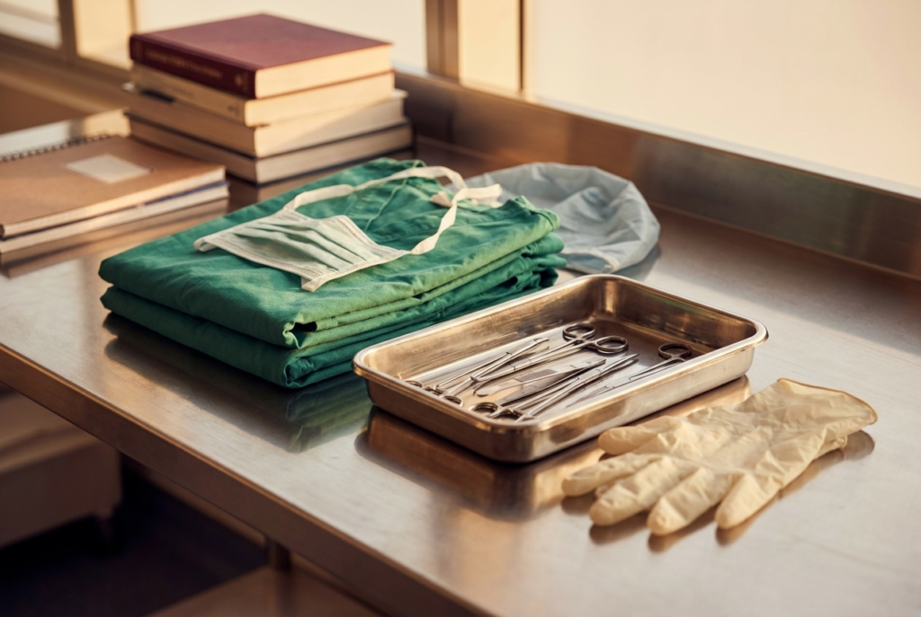 Nursing scrubs, surgical instrument tray, gloves, and textbooks laid out for clinical training