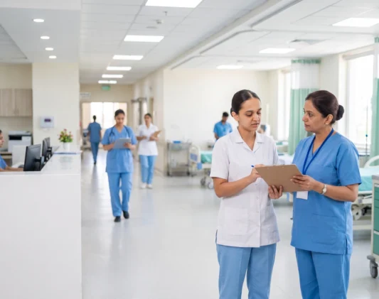 Nursing students in white coats reviewing patient charts with a senior nurse during hospital ward clinical training