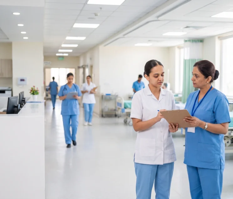 Nursing students in white coats reviewing patient charts with a senior nurse during hospital ward clinical training