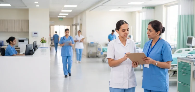 Nursing students in white coats reviewing patient charts with a senior nurse during hospital ward clinical training
