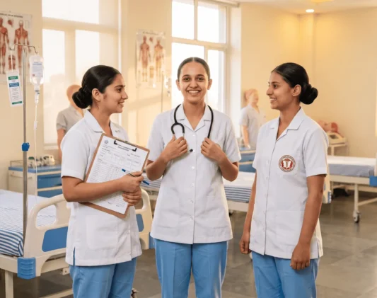 ANM and GNM nursing students in training uniform at Mata Sahib Kaur College of Nursing, Mohali