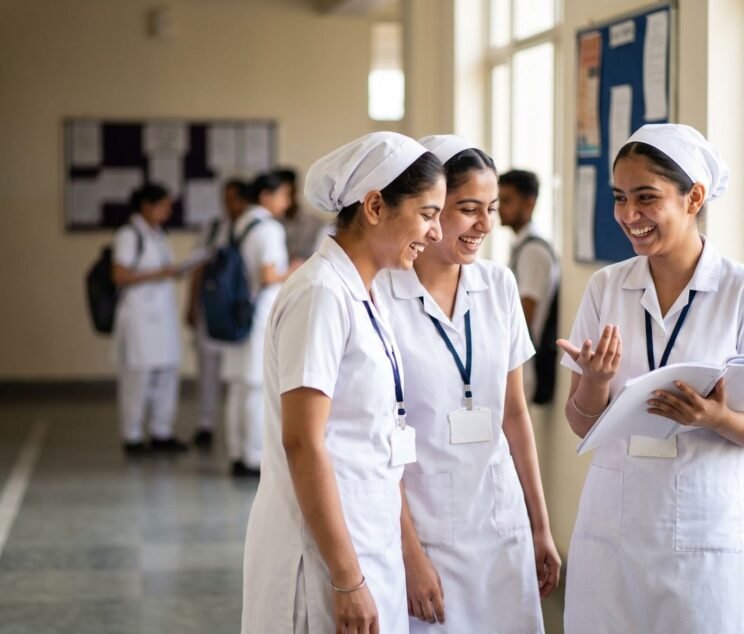 First-year nursing students laughing together in a college corridor, sharing notes and settling into college life