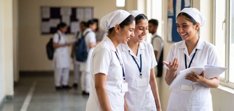 First-year nursing students laughing together in a college corridor, sharing notes and settling into college life