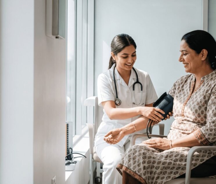 Nurse checking a woman's blood pressure during a preventive health checkup in a clinic