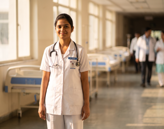 Nursing student in white uniform with stethoscope standing in hospital ward corridor before first clinical posting