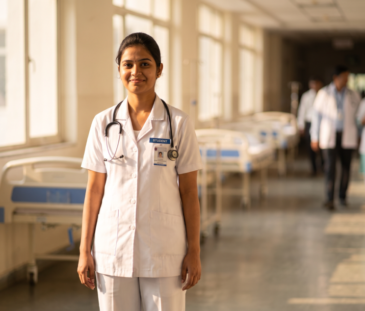 Nursing student in white uniform with stethoscope standing in hospital ward corridor before first clinical posting