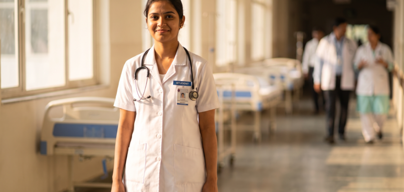 Nursing student in white uniform with stethoscope standing in hospital ward corridor before first clinical posting