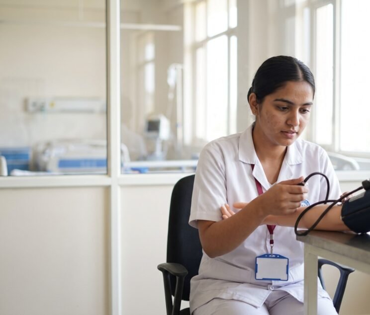 Nursing student practising blood pressure on a training mannequin in a skills lab with a hospital ward behind her